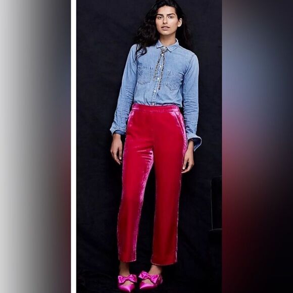 J Crew sz 0 Velvet Bright Berry Pink Pull On Peyton Pant High Rise Waist Trouser - Picture 1 of 14